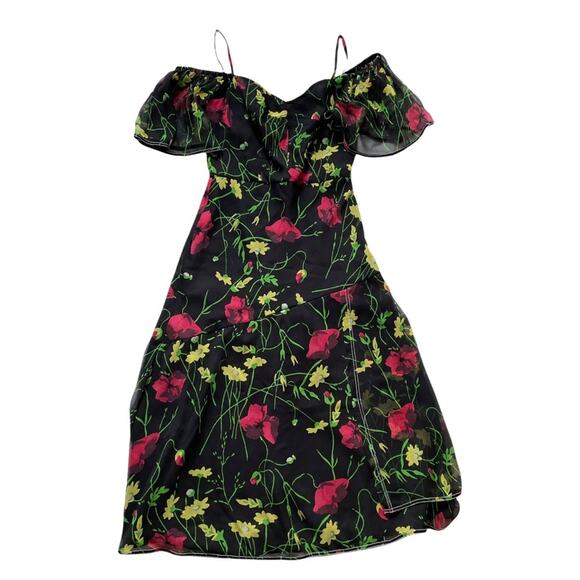 Jason Wu Grey Silk Chiffon Off Shoulder Dress Floral Black Multi Midi 2 GUC - Picture 10 of 14